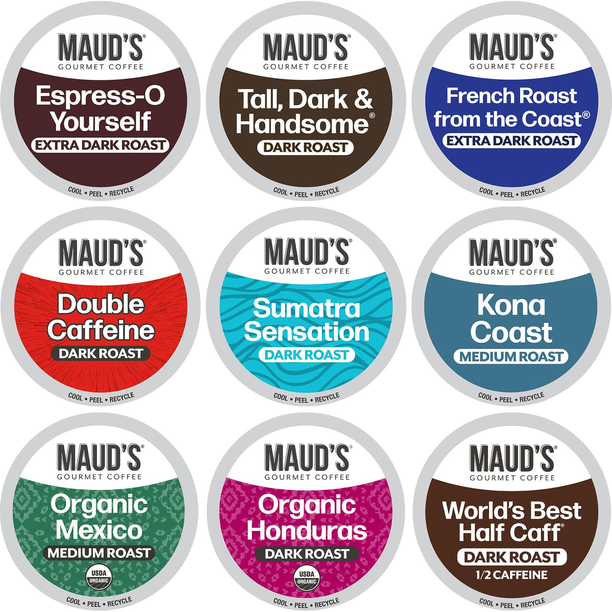 Maud's Bold Dark Roast Variety Pack box showcases convenient single-serve pods for cafe-quality mornings.