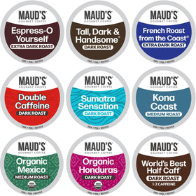 Maud's Bold Dark Roast Variety Pack box showcases convenient single-serve pods for cafe-quality mornings.