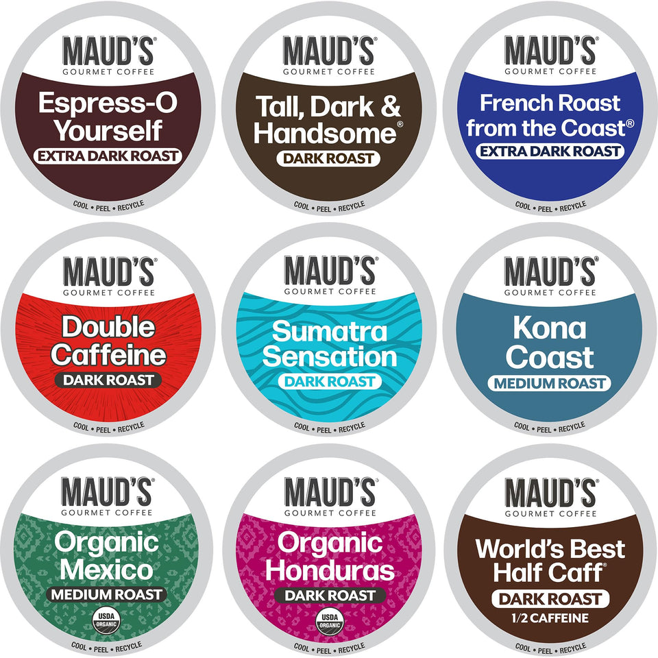 Maud's Bold Dark Roast Variety Pack box showcases convenient single-serve pods for cafe-quality mornings.