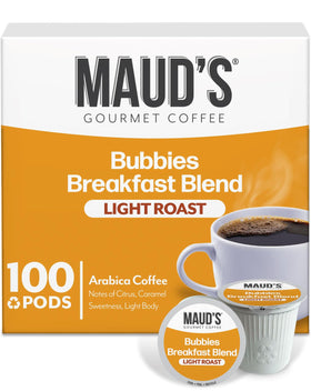 Maud's Breakfast Blend pods in packaging for quick, convenient mornings.