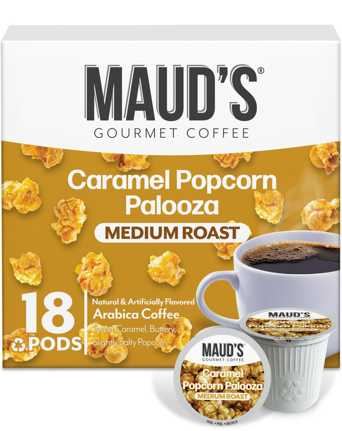 Maud's Caramel Popcorn Coffee Pods 18ct pack deliver delicious aroma for everyday enjoyment.