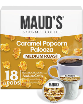 Maud's Caramel Popcorn Coffee Pods 18ct pack deliver delicious aroma for everyday enjoyment.