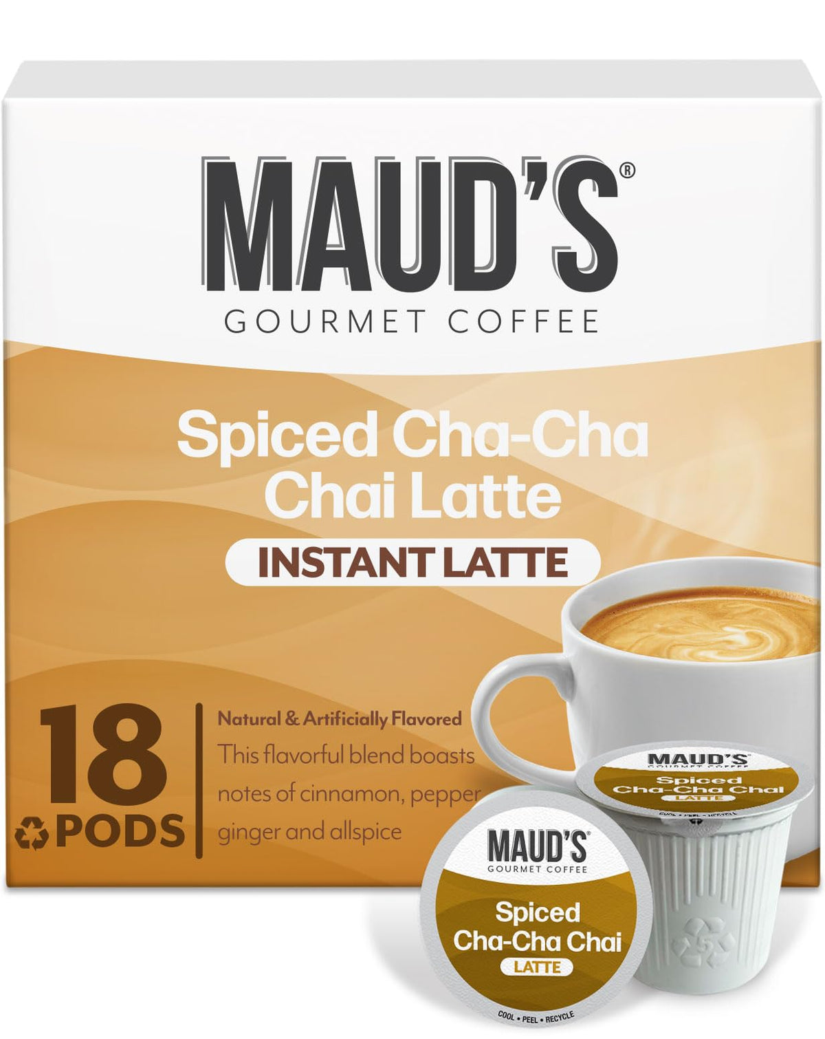 Maud's chai latte pods packaging highlights premium blend for home brewing.