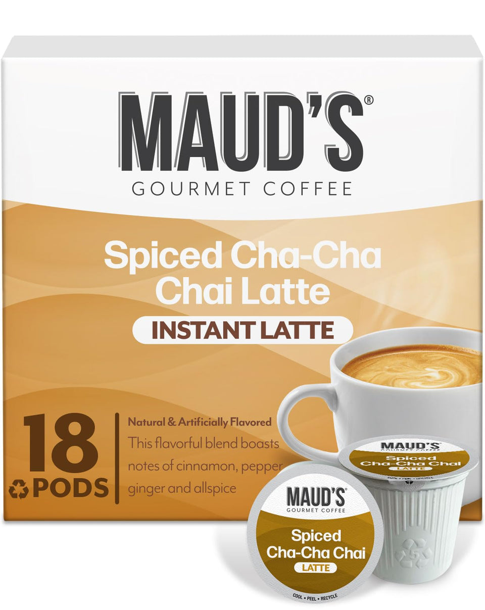 Maud's chai latte pods packaging highlights premium blend for home brewing.