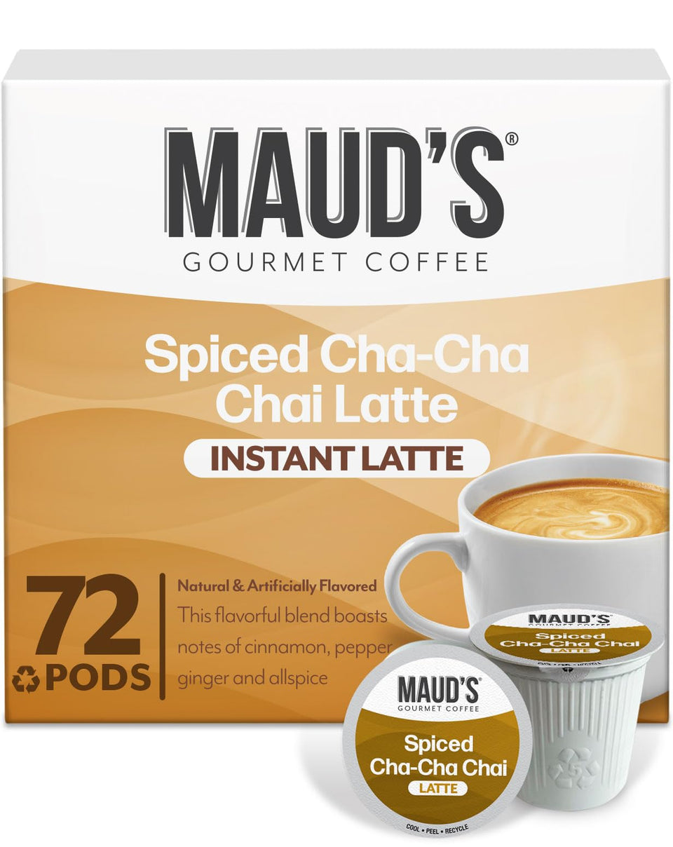 Maud's Chai Tea Latte Pods packaging highlights a 72-count box for easy daily indulgence.