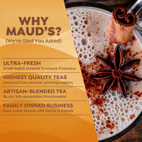 Maud's chai spice blend close-up with rich aroma for cozy mornings.