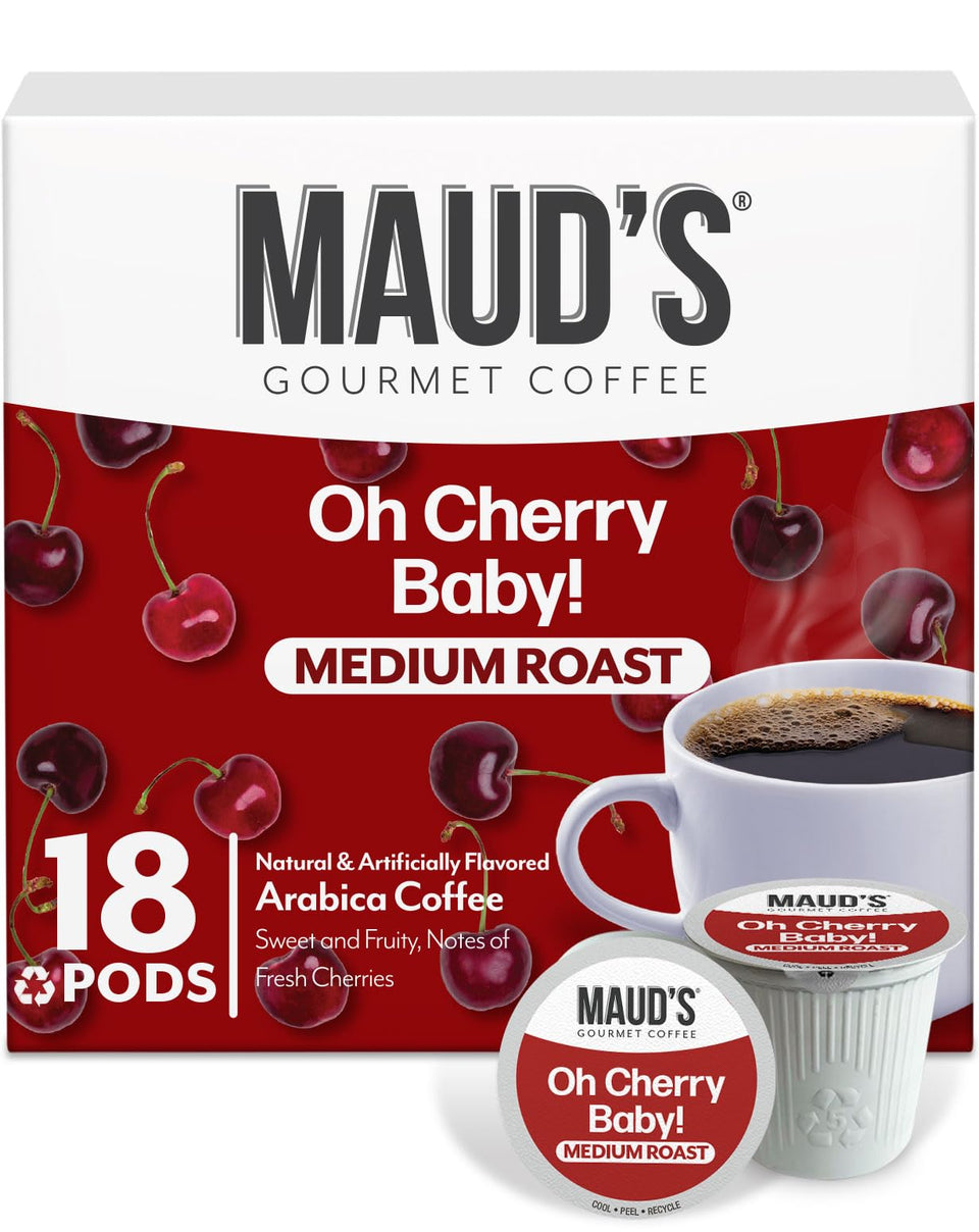Maud's cherry coffee pod close-up shows bold aroma and rich flavor.