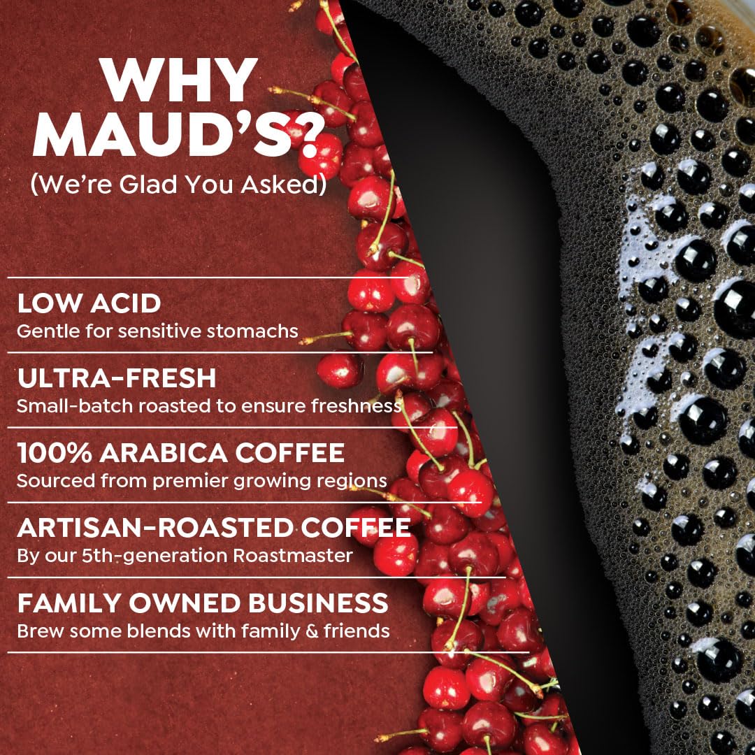 Maud's cherry pod in Keurig maker signals quick, convenient single-serve brews.