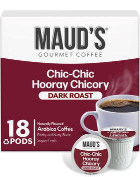 Maud's Chicory coffee pods pack on shelf; easy daily brew