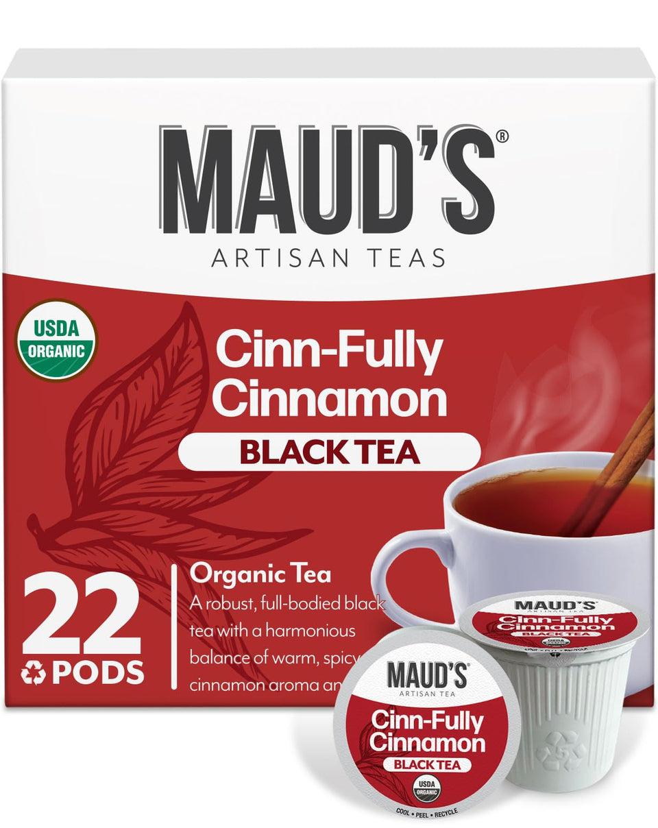 Maud's Cinnamon Black Tea Pods packaging highlights recyclable design for eco-conscious brews