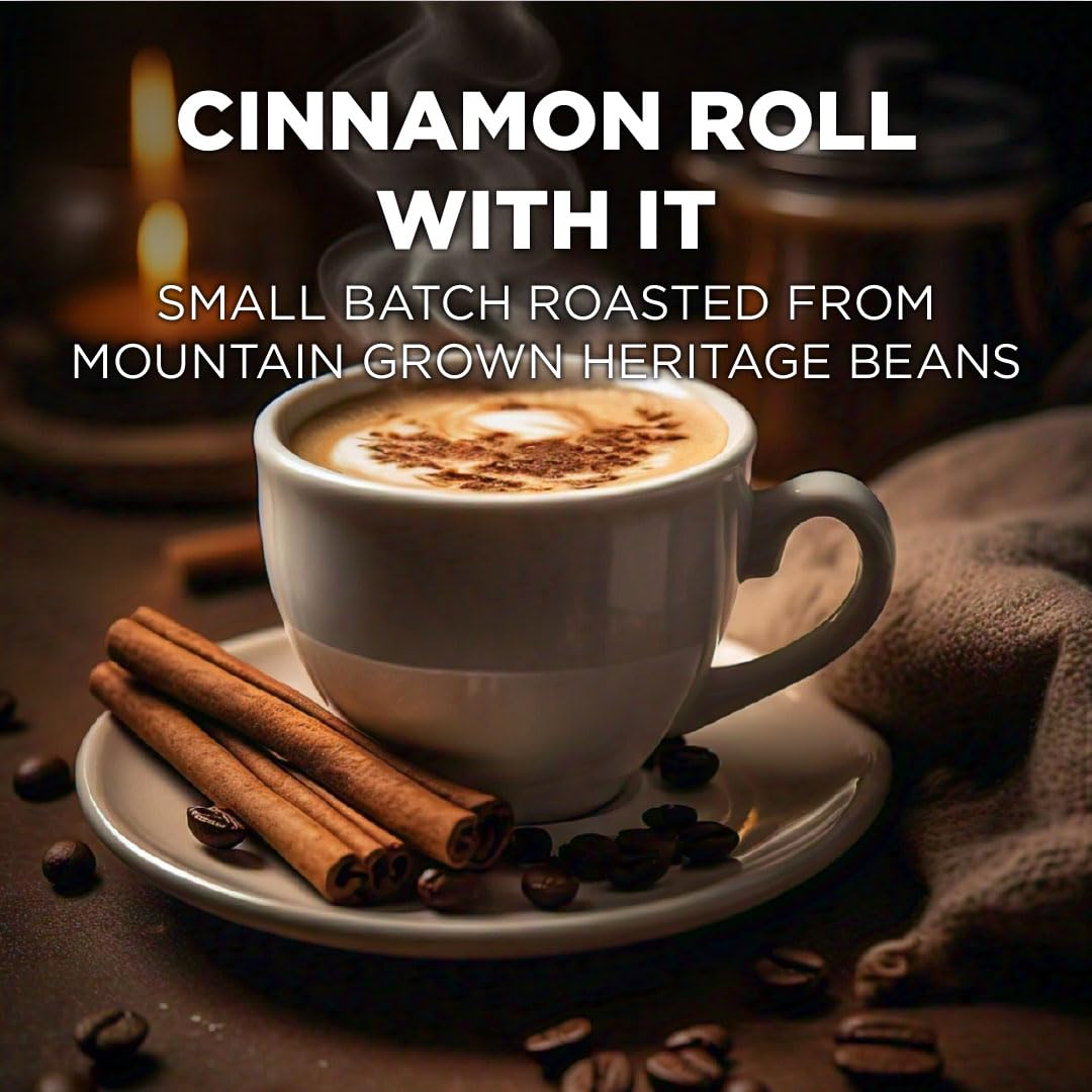 Maud's Cinnamon Roll Coffee Pods next to a cup, ideal for Keurig compatibility