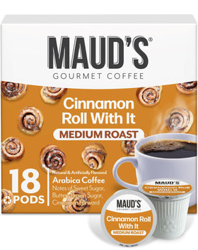 Maud's Cinnamon Roll Coffee Pods pack front, convenient for quick single-serve mornings