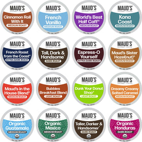 Maud's Coffee Lovers Variety Pack box front—40 single-serve pods for flavor testing at home.