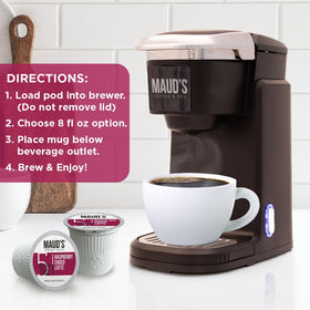 Maud's Raspberry Chocolate pods displayed in box for home use.