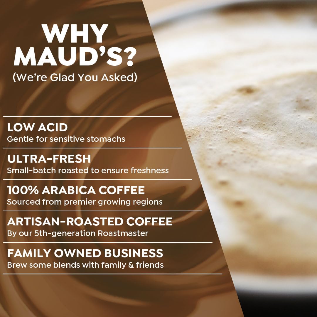 Maud's Dark Chocolate Mocha flavor blend shows premium Arabica beans for a full-bodied cup.