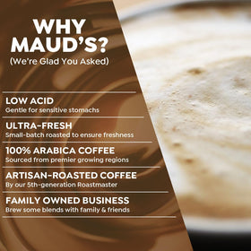Maud's Dark Chocolate Mocha flavor blend shows premium Arabica beans for a full-bodied cup.