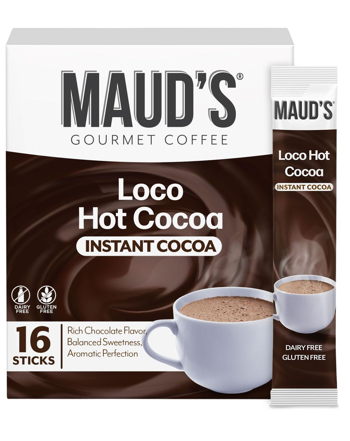 Maud's Dark Hot Chocolate packets in a steaming cup for cozy evenings.