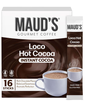 Maud's Dark Hot Chocolate packets in a steaming cup for cozy evenings.