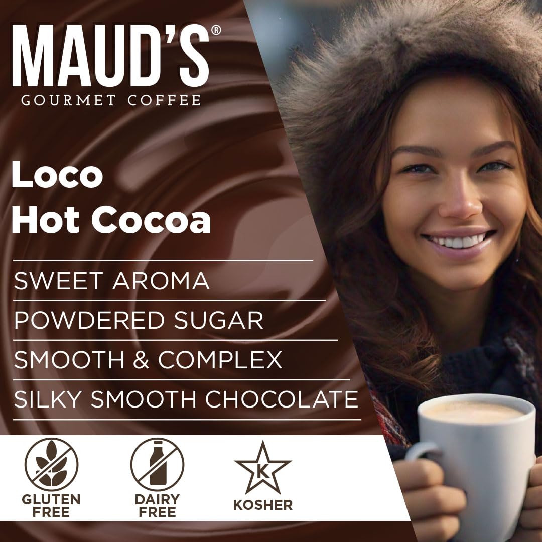 Maud's Dark Hot Chocolate instant packets with dairy-free topping in a cup.