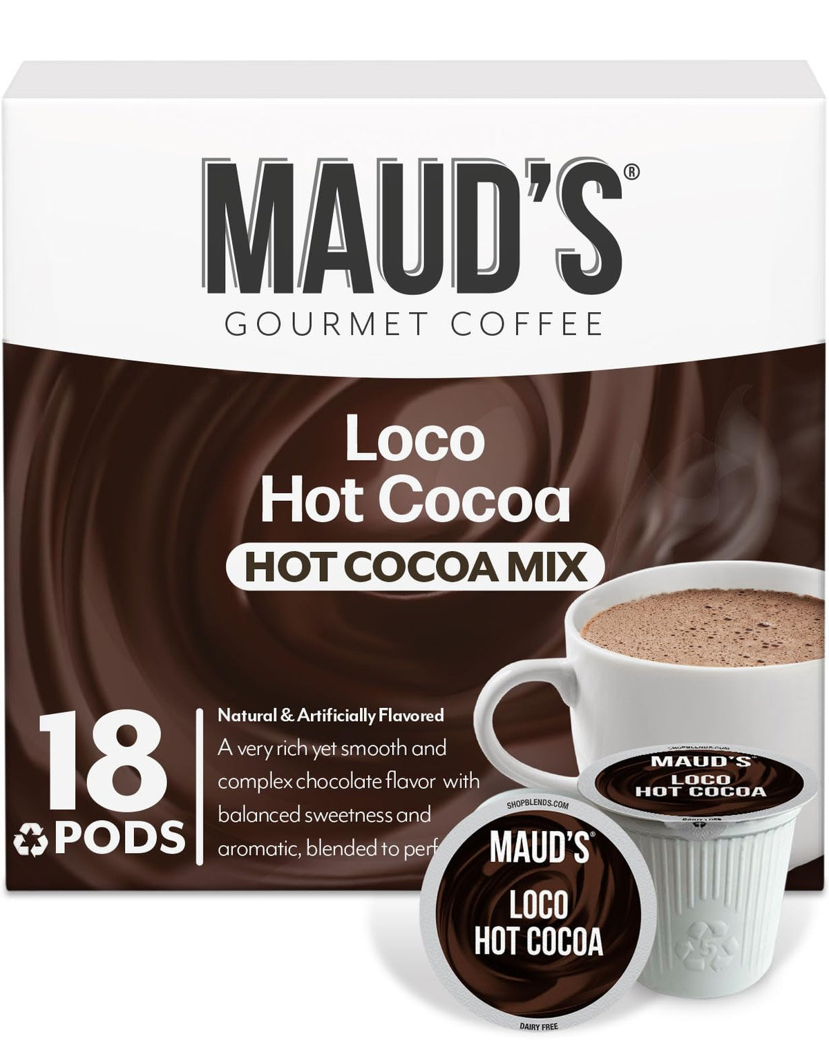 Maud's Dark Hot Chocolate Pods 18 count packaging showcases gluten-free, dairy-free indulgence.