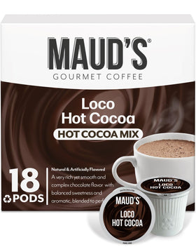 Maud's Dark Hot Chocolate Pods 18 count packaging showcases gluten-free, dairy-free indulgence.