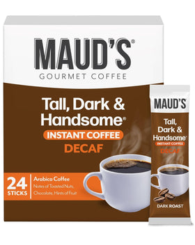 Maud's dark roast decaf instant coffee 24ct with rich aroma and smooth body