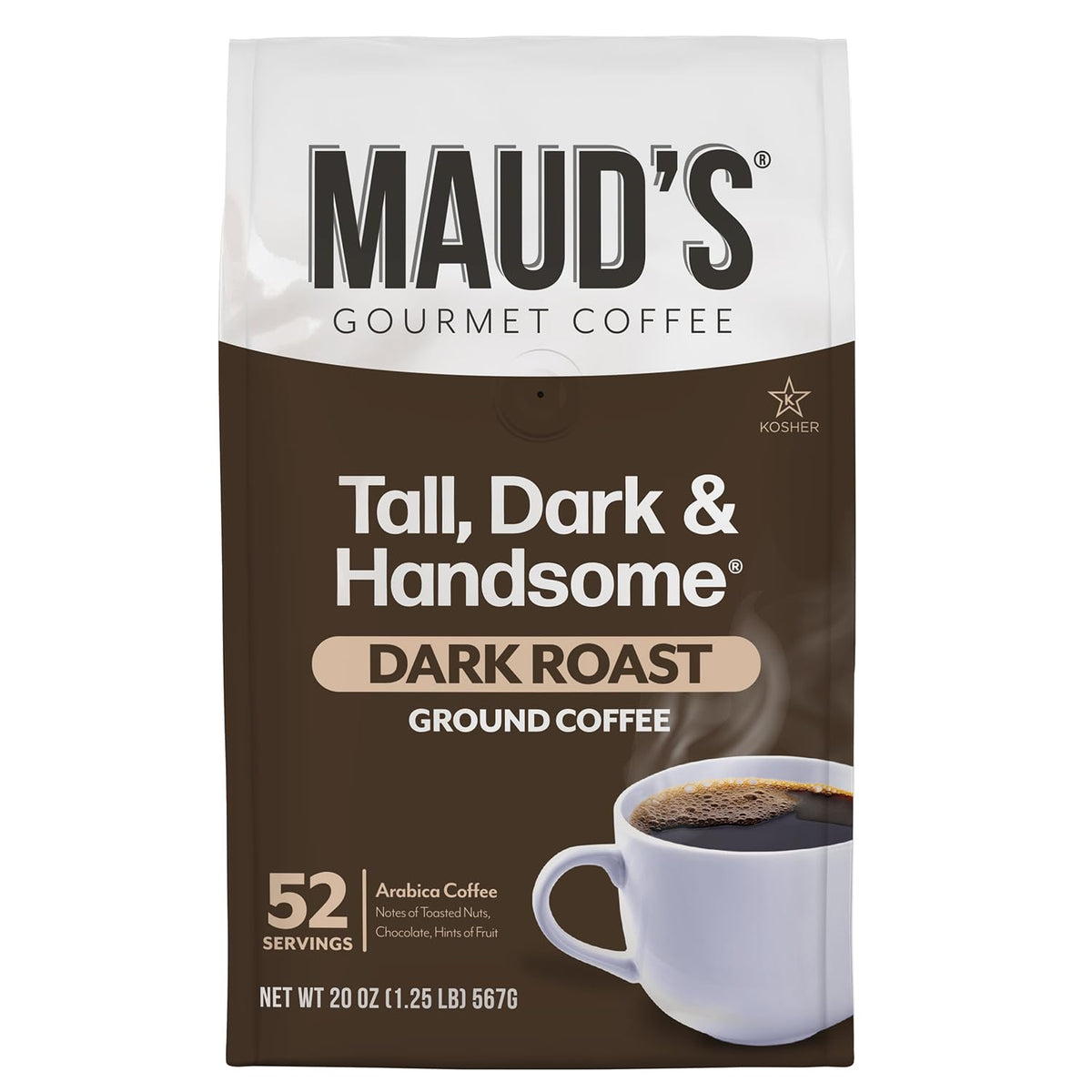 Maud's Dark Roast Ground Coffee bag 20oz with bold aroma for everyday brew.
