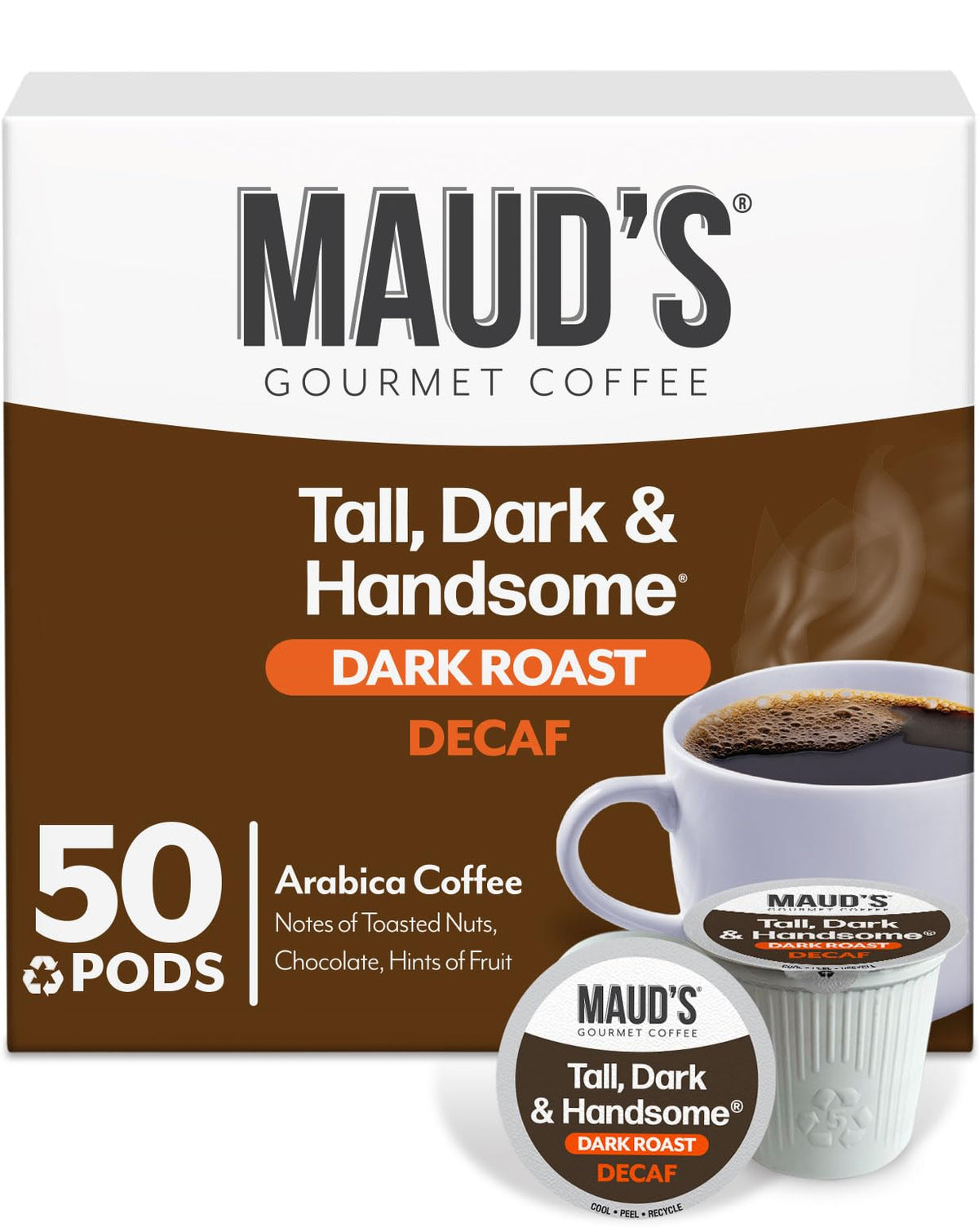 Maud's Decaf Dark Roast pods with steaming cup, rich aroma and smooth flavor.