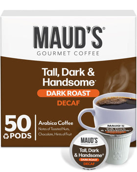 Maud's Decaf Dark Roast pods with steaming cup, rich aroma and smooth flavor.
