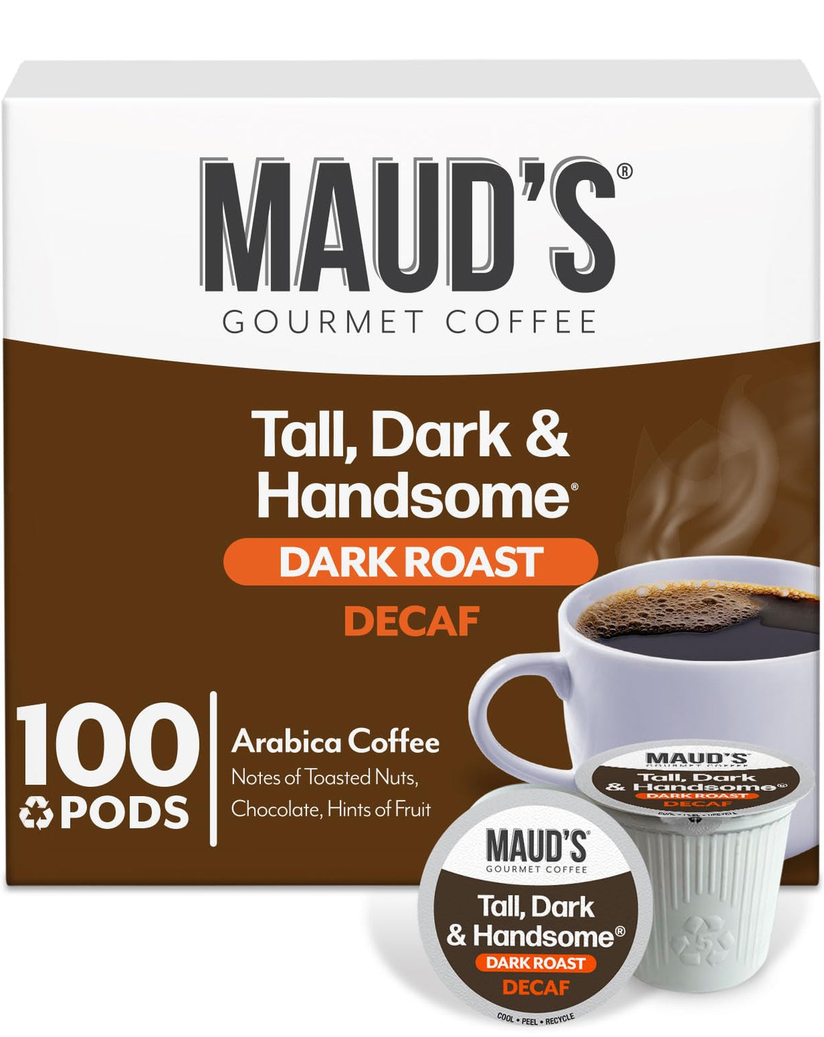 Maud's Decaf Dark Roast pods in packaging highlight sustainability and value
