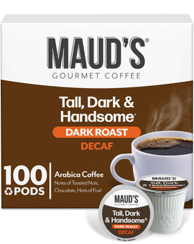 Maud's Decaf Dark Roast pods in packaging highlight sustainability and value