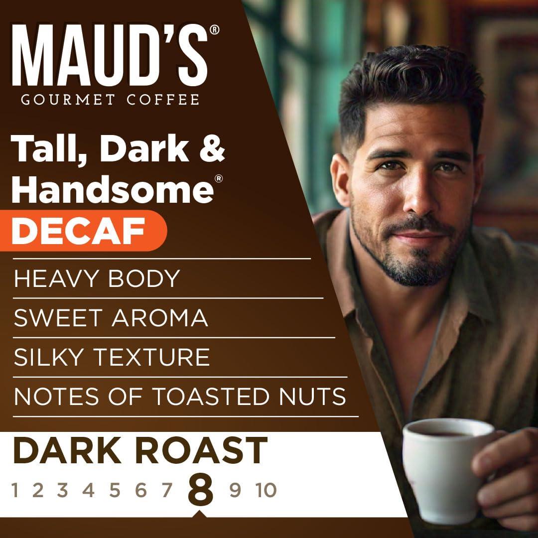 Maud's Decaf Dark Roast pods close-up of 100% Arabica beans signaling quality