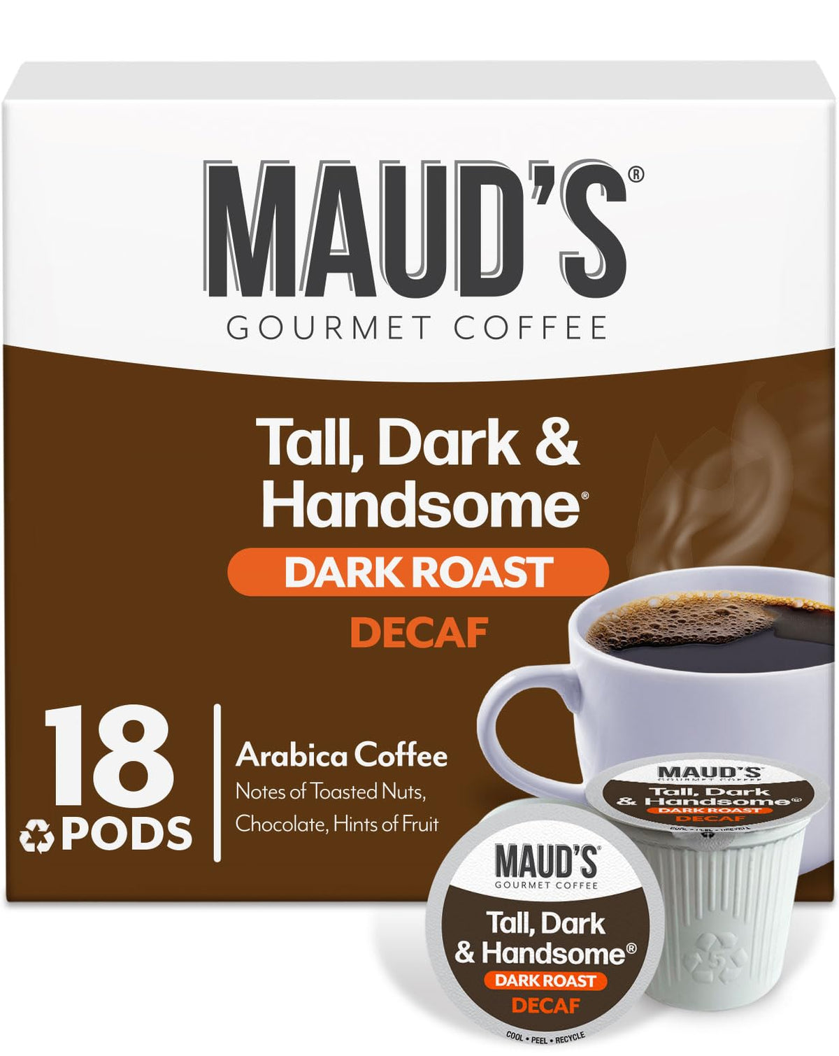 Maud's Decaf Dark Roast pods pack shot highlighting bold flavor and everyday convenience