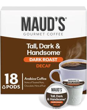 Maud's Decaf Dark Roast pods pack shot highlighting bold flavor and everyday convenience
