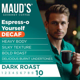 Maud's Decaf Espresso Pods burnt undertones aroma enhances late-day rituals