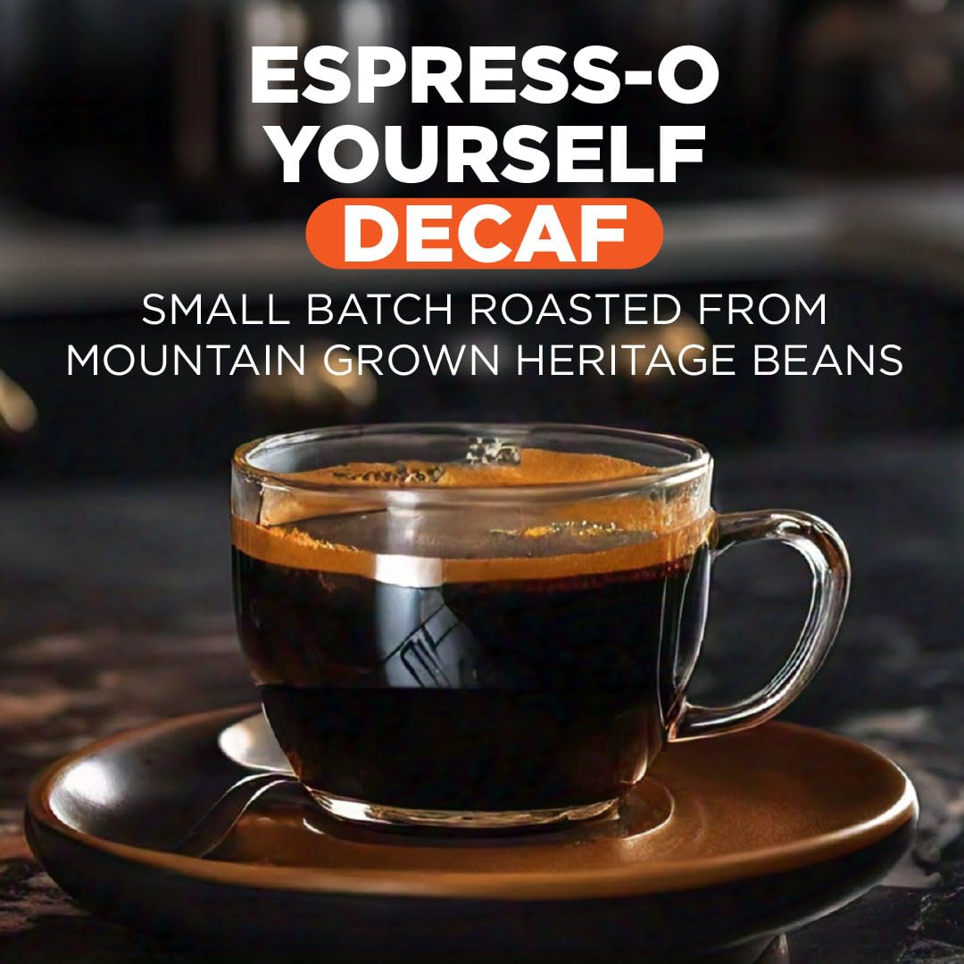 Maud's Decaf espresso pods beside a steaming cup, signaling bold flavor and aroma