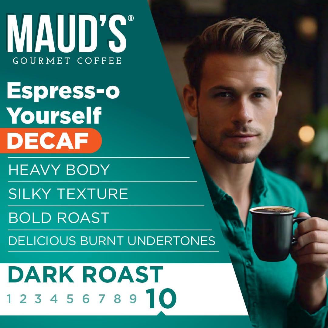 Maud's Decaf Espresso Pods compatible with Keurig-style machines for quick, mess-free mornings