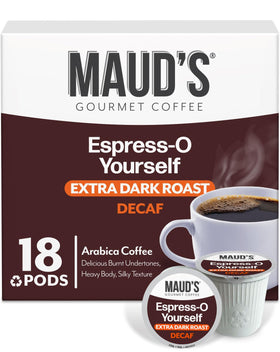Maud's Decaf Espresso Pods package shows an 18-count box for convenient home brewing