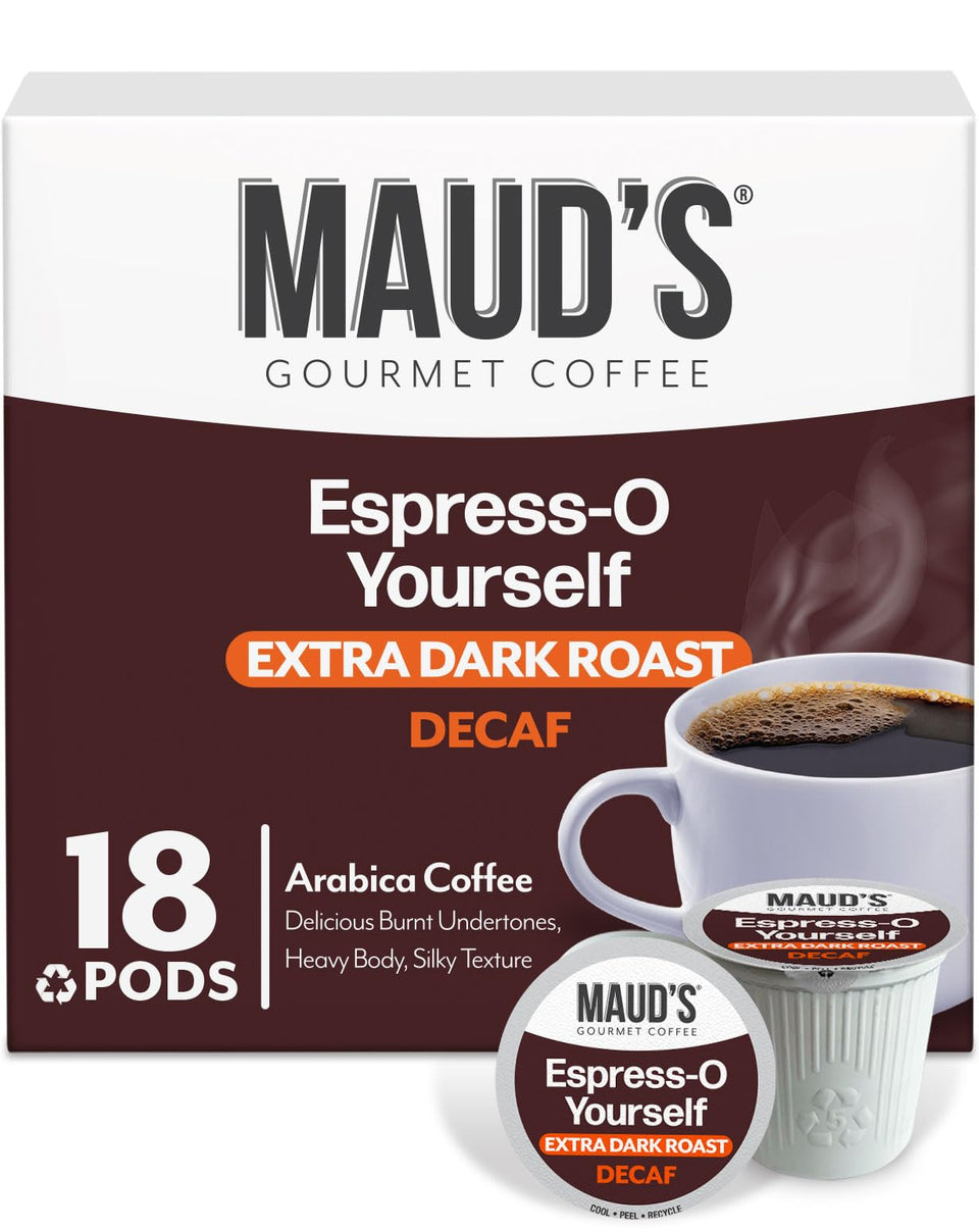 Maud's Decaf Espresso Pods package shows an 18-count box for convenient home brewing
