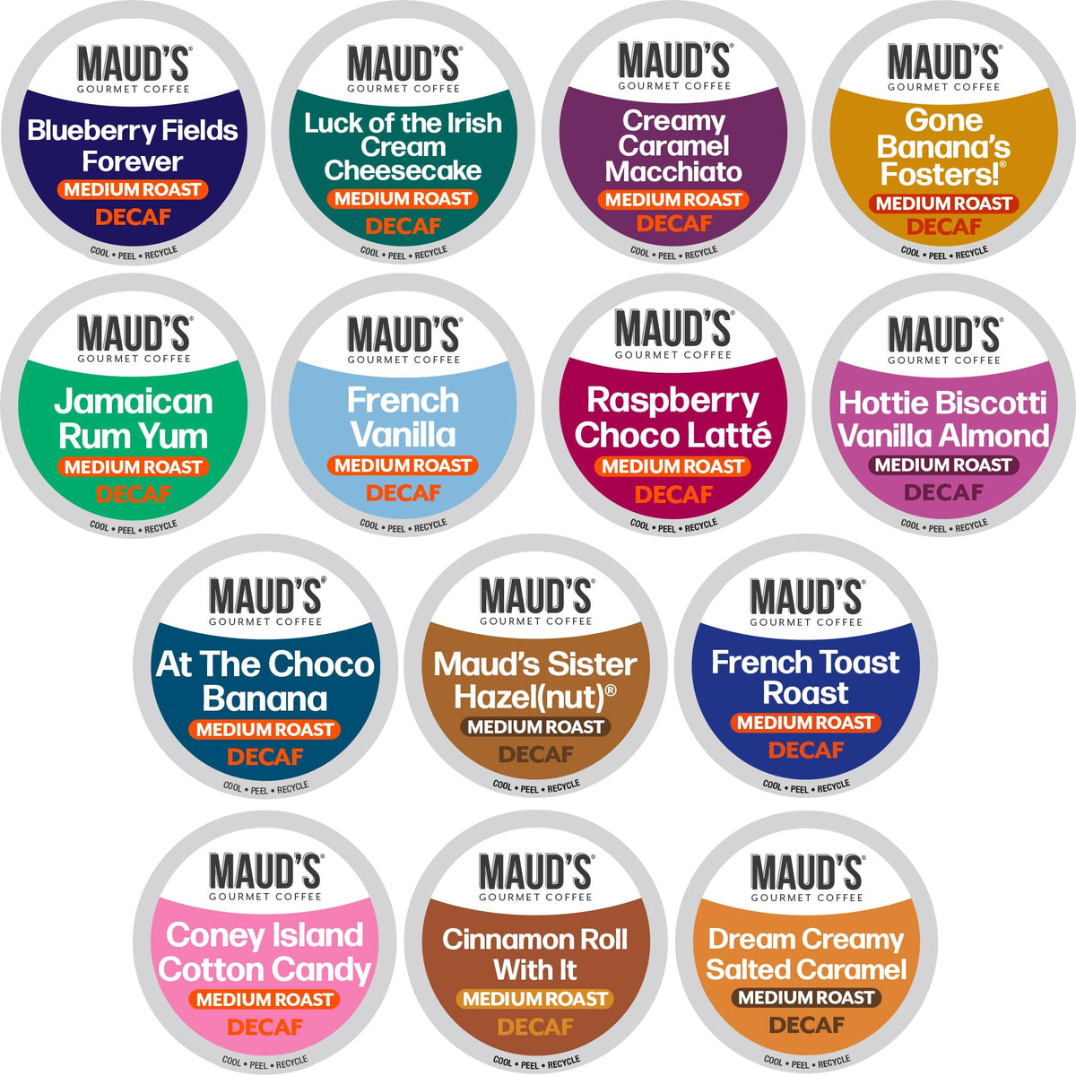 Maud's Decaf Flavored Variety Pack box for at home flavor exploration