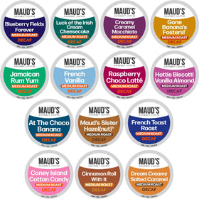 Maud's Decaf Flavored Variety Pack box for at home flavor exploration