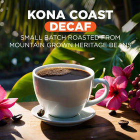 A steaming cup from Maud's Kona Coast decaf highlights smooth body and chocolate-nutty notes.