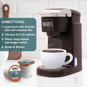 Keurig-compatible Maud's Decaf Kona Coast pods easy use with most single-serve machines.