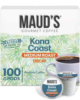 Maud's Decaf Kona Coast pods packaging showcases premium, sustainable decaf coffee for home brews.