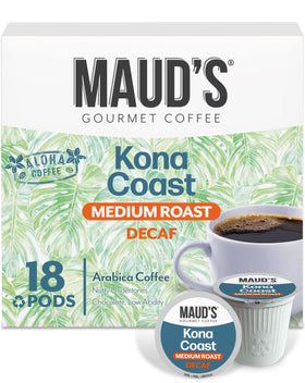 Maud's Decaf Kona Coast pods beside a mug for quick mornings