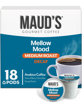 Maud's Decaf Medium Roast Pods box packaging for daily Keurig brewing.