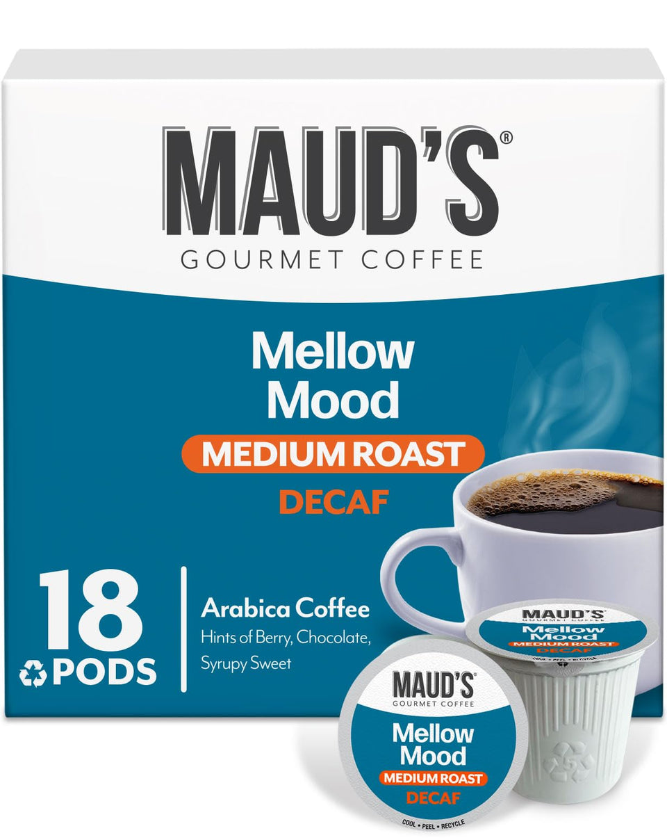 Maud's Decaf Medium Roast Pods box packaging for daily Keurig brewing.
