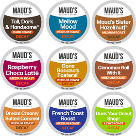 Maud's Decaf Original Variety Pack pods for home brew variety and flavor exploration.