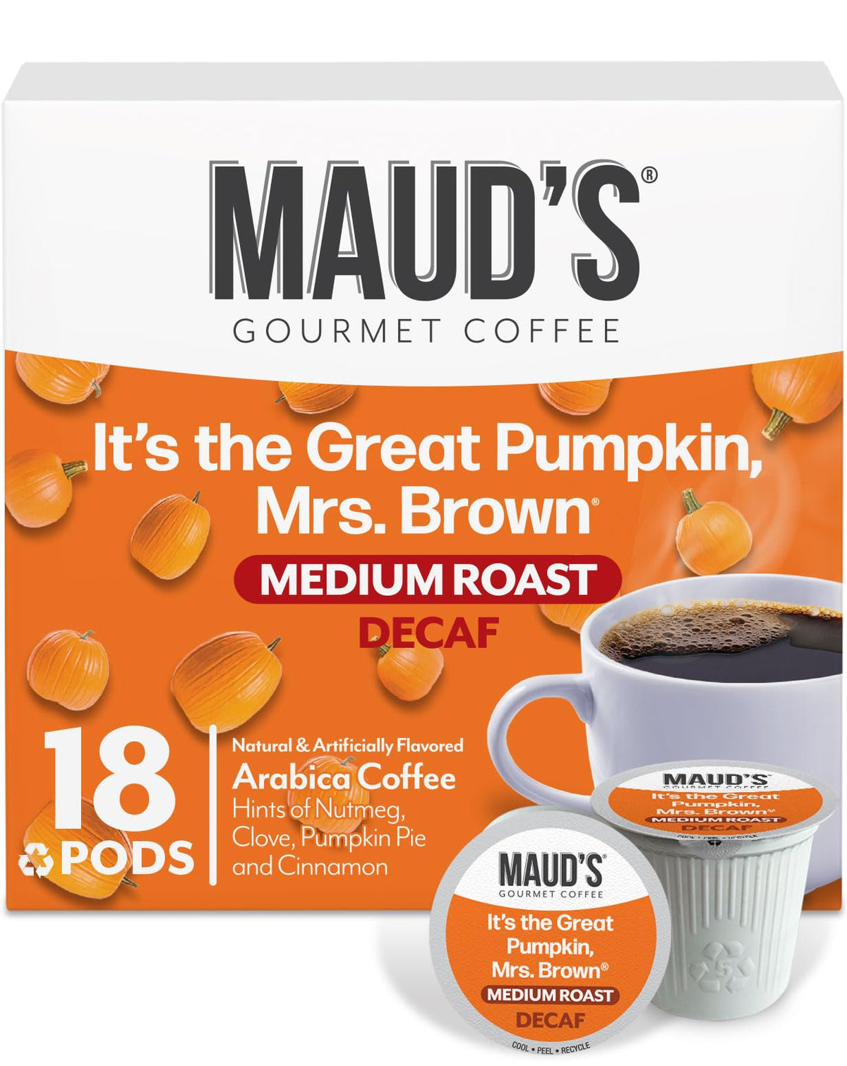 Maud's decaf pumpkin spice pods in box ready to brew for cozy mornings.