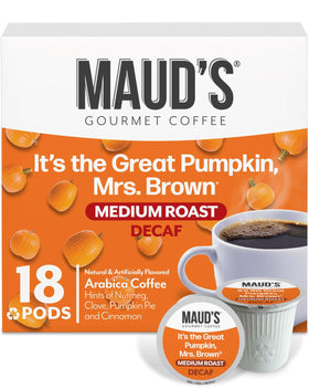 Maud's decaf pumpkin spice pods in box ready to brew for cozy mornings.
